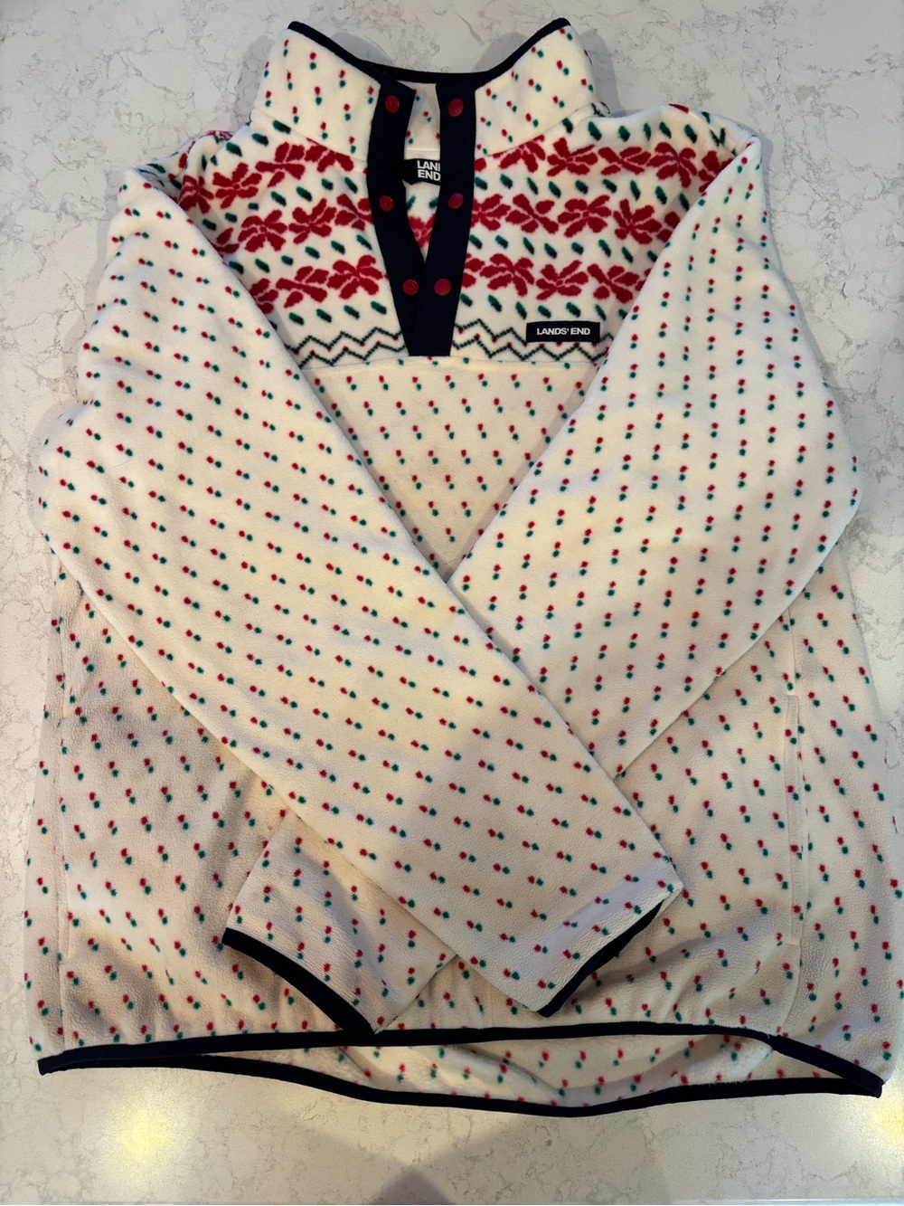 Lands' End White Holiday Fleece Pullover with Red & Green Motif-L